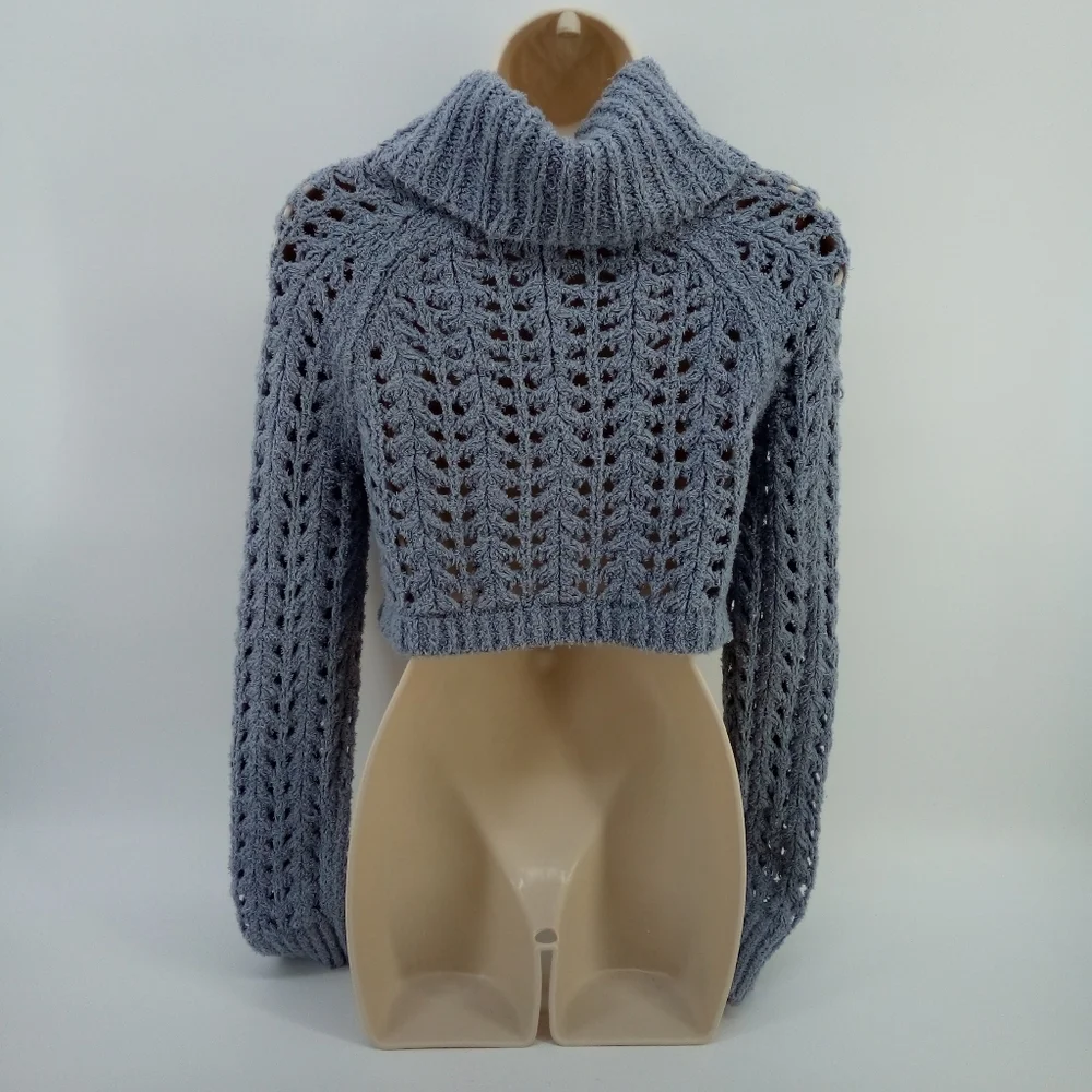 Free People Cropped Gray Open Knit Ribbed Cotton Blend Turtleneck XS